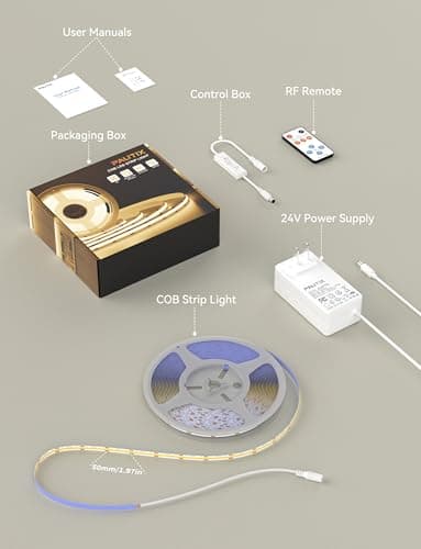 PAUTIX COB LED Strip Light 16.4ft,Engineering Level UL Listed Warm White 2700K,CRI93+ Super Bright High Lumen,Dimmable 24V Flexible LED Tape Light with RF Remote,for Cabinets,Home&Office DIY Lighting - Image 8