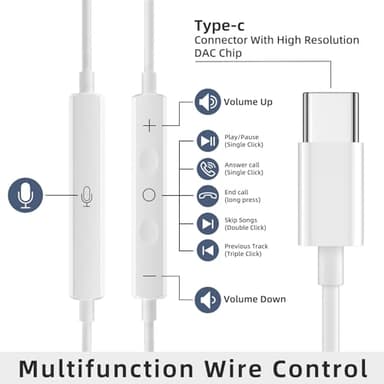 2 Packs USB C Headphones for iPhone 16/15 Pro Max iPad Plus Type C Earphones with Microphone Volume Control USB C Wired Earbuds USB Type C Earphone for Samsung S25 Ultra S24 S23 S22 S21 S20 A55 - Image 5