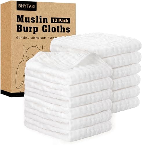 BHYTAKI 12-Pack Muslin Burp Cloths for Baby Boys & Girls, 20"X10" Essentials Large 100% Cotton Burp Rags, 6 Layers Extra Absorbent and Soft burping Cloths for Babies (White) - Image 1