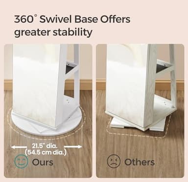 SONGMICS 6 LEDs Lockable Mirror Jewelry Cabinet, 360° Swivel Jewelry Organizer Armoire Standing, Frameless Full-Length Mirror, 3 Storage Shelves, White Surface, Black Lining UJJC007W01 - Image 5