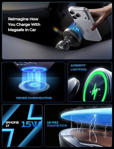 LISEN for 15W MagSafe Car Mount Charger,Magnetic Wireless Car Charger for iPhone 17 Pro Max Accessories,Magnetic Phone Holder for iPhone 17 Air Pro Max Plus 16 15 14 13 12,Samsung S25/24 with MagSafe - Image 3