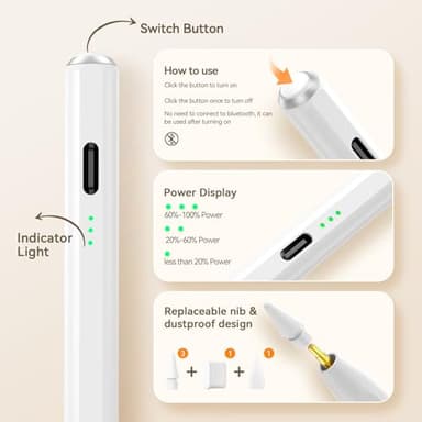 Hastraith Stylus Pen for iPad(2018-2025)-13 Mins Fast Charge with Tilt Sensitivity & Palm Rejection for iPad 11/10/9/8/7/6th Gen, Air 7/6/5/4/3/M3/M2, Pro 13"/12.9"/11"/M4, Mini 7/6/5th,White - Image 6