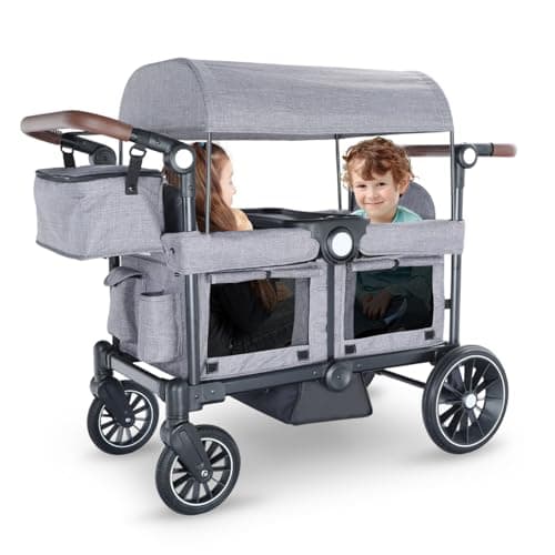 Kinder King Folding Wagon Stroller for 2 Kids, All-Terrain Baby Stroller Wagon Outdoor, Removable Canopy 2 Seater, Adjustable Handle, Shock-Absorbing Wheel, Detachable Tray, Parent Organizer, Gray - Image 1