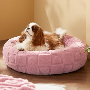 Bedsure Dog Bed for Medium Dogs - Donut Pet Bed for Puppy Kitten with Anti Slip Bottom, Round Sherpa Dog Beds with Washable Removable Cover, Pink, 30x30x8 inches - Image 1