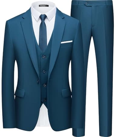 WULFUL Men’s Slim Fit Suit One Button 3-Piece Blazer Dress Business Wedding Party Jacket Vest & Pant Teal Blue - Image 1