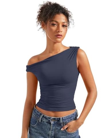 SUUKSESS Women Off Shoulder Tops Sleeveless Shirts Y2K Trendy Going Out Crop Tank Top (Navy Blue,XS) - Image 1