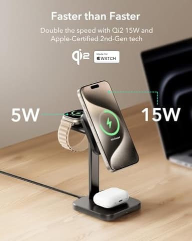 ESR Qi2 3 in 1 Wireless Charging Station, [Certified] Apple Watch Charger & 15W Qi2 MagSafe Charger Stand for iPhone, Wireless Charger for Multiple Devices iPhone 17/16/15/14/13&Watch&AirPods,Black - Image 2