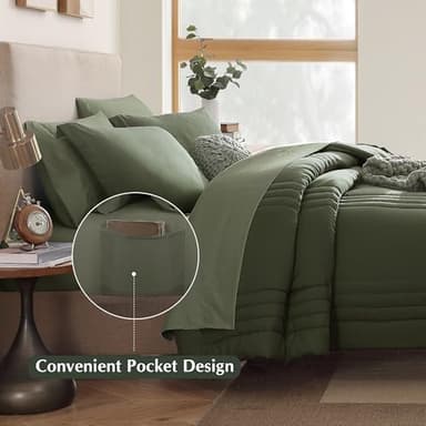 Monbix Queen Comforter Set - 7 Pieces Olive Green Bed in a Bag Queen Bedding Sets with Comforters, All Seasons Down Alternative Comforter Bed Set with Sheets, Pillowcases & Shams - Image 6