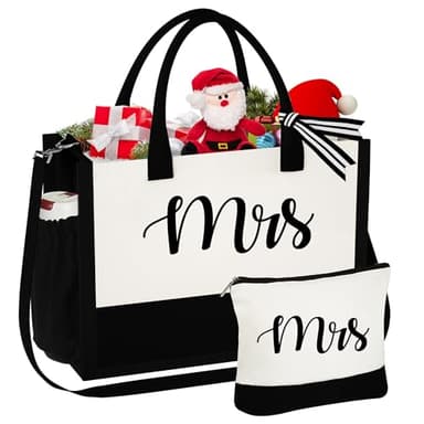 YOOLIFE Gifts for Women Female - Birthday for Women Bridesmaid Wedding Teacher Mrs Gifts | Initial Canvas Tote Bag & Makeup Bag - Image 1