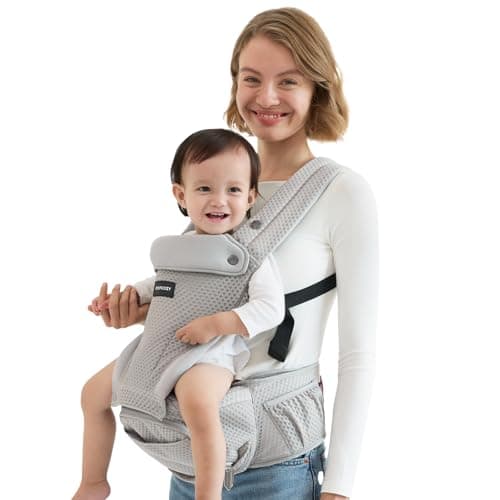Momcozy Baby Carrier with Hip Seat, 2-in-1 Forward-Facing Carry for Active Babies, Detachable Hands-Free Carrier up to 44lbs, Breathable Infant Carrier Fits Waist Sizes up to 45 Inches, AirMesh Grey - Image 1