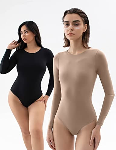 PUMIEY Long Sleeve Bodysuit For Women Brown Body Suits Women Latte Medium - Image 5