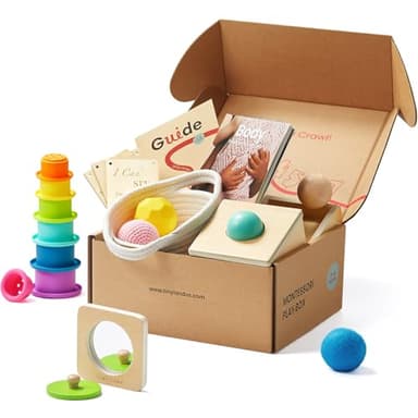 Tiny Land Montessori Toy Set for Babies 7-9 Months Senser Play Kit - 5-in-1 Wooden Learning Toys with Object Permanence Box, Sensory Ball, Stacking Cups and Mirror Puzzle,Body Board Book - Image 1