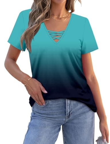 ROSELINLIN Womens T Shirt Criss Cross Lace-Up Neck Summer Tunic Tops Gradual Teal Shirt XL - Image 3