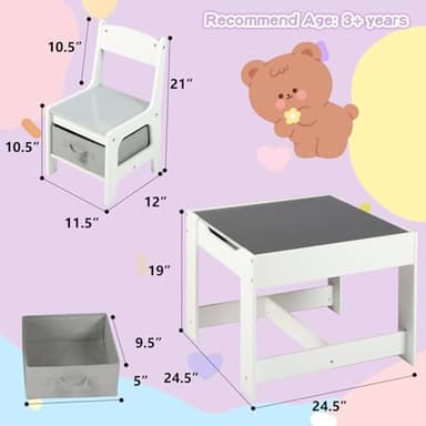 Kinder King Kids Wood Table & 2 Chairs Set, 3 in 1 Children Activity Table w/Storage, Removable Tabletop, Blackboard, 3-Piece Toddler Furniture Set for Art, Crafts, Drawing, Reading, Playroom, Grey - Image 9