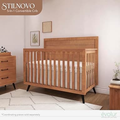 Evolur Stilnovo Mid Century 4-in-1 Convertible Crib in Sugarcane, Greenguard Gold Certified, 3 Mattress Height Settings, Modern Nursery, Wooden Furniture - Image 2
