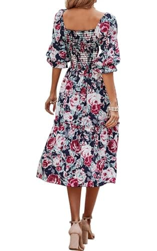 PRETTYGARDEN Women's Summer Casual Midi Dress 2025 Spring Puff Sleeve Square Neck A-line Flowy Boho Floral Smocked Dresses (Blue Red Flower,XL) - Image 2