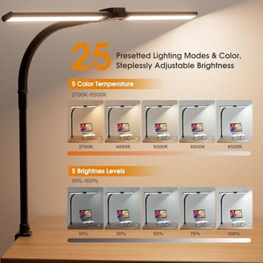 SIBRILLE LED Desk Lamp for Home Office - Eye-Caring Computer Desk Light with Clamp, Rotatable Computer Lighting with Color Changing, Dimmable Monitor Table Lamp with Gooseneck, Double Head, Black - Image 3