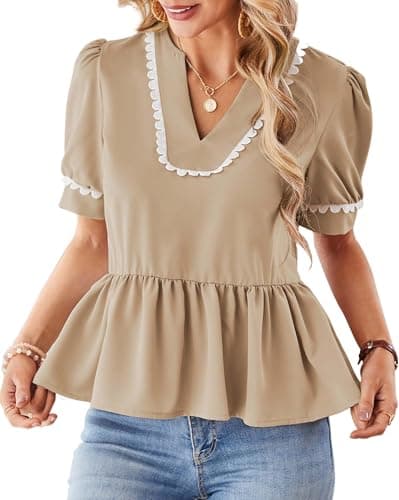 Cakulo Peplum Tops for Women 2025 Babydoll Summer Short Puff Sleeve V Neck Flowy Ladies Top Blouses Khaki S - Image 1