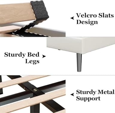 King Size Bed Frame with Velvet Upholstered Headboard, Platform Bed with Strong Wood Slats, Mattress Foundation, Box Spring Optional, Easy Assembly, Beige - Image 6
