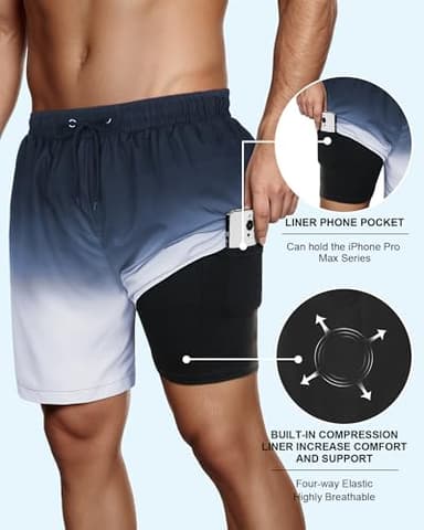 American Trends Mens Beach Short Summer Water Swimsuit for Men Swim Shorts with Compression Liner Bathing Suit Black Grey Gradient L - Image 2