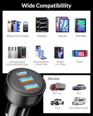 3-Port USB C Car Charger for iPhone 17/Air/16/16e/15 Pro Max Plus, 70W PD&QC Fast Charging USB-C&A Car Charger + USBC Cable for iPad, Galaxy, Android Accessories Cigarette Lighter Adapter - Image 7
