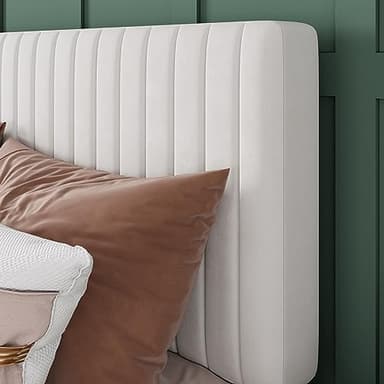 Allewie Queen Bed Frame, Velvet Upholstered Platform Bed with Adjustable Vertical Channel Tufted Headboard, Mattress Foundation with Strong Wooden Slats, Box Spring Optional, Easy Assembly, White - Image 4