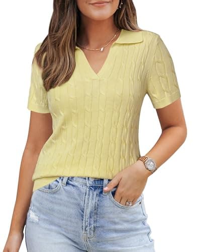 Arach&Cloz Women's Wool Blend Summer Tops Polo Shirts 2025 Cashmere Short Sleeve Cable Knit Spring Business Casual Outfits Trendy Collared Old Money Clothes Golf Work Blouse Sweater Yellow L - Image 1
