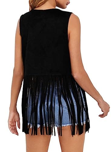 Dokotoo Womens Early Fall Fashion Cowboy Chic Outfits 70s Hippie Concert Outfits Vintage Western Cowgirl Cute Fringe Vest Tops Leather Tassel Night Out Birthday Party Jackets Clothes Black X-Large - Image 2