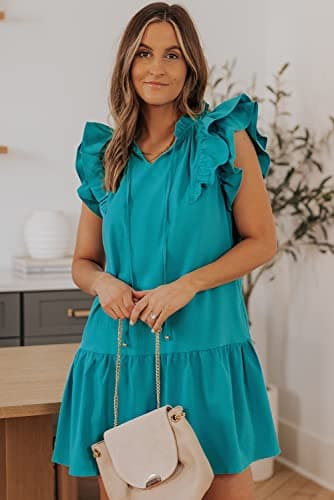 Dokotoo Summer Dresses for Women Sun Dresses 2025 Elegant V Neck Drawstring Ruffle Solid Pockets Cap Short Sleeve Casual Dresses for Women Green Large - Image 4