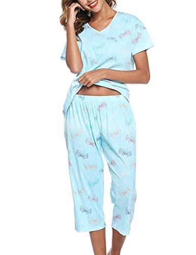 ENJOYNIGHT Womens Pajama Sets Cotton Pj Set Short Sleeve Top With Capri Pants Sleepwear 2 Piece Lounge Set(XX-Large, BL-Butterfly) - Image 2