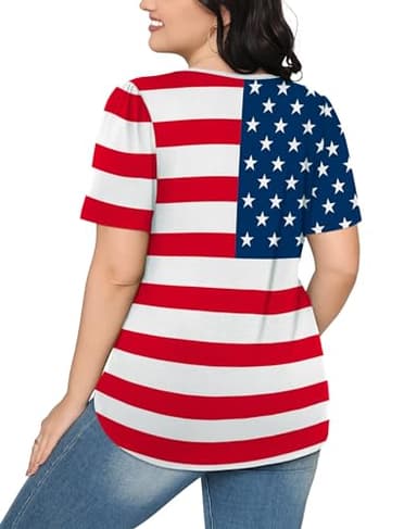 July 4th Shirts for Women Dressy Casual Blouses Plus Size Short Sleeve Summer Outfits American Flag XL - Image 5