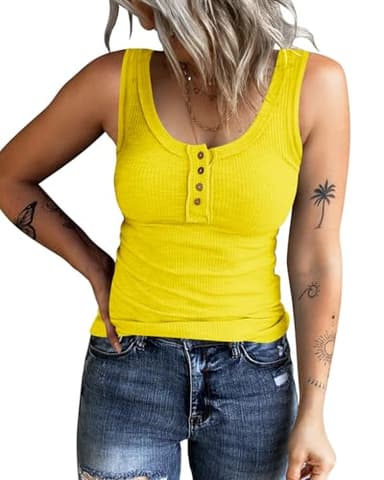 KINLONSAIR Women's Sleeveless Henley Tank Tops Ribbed V Neck Button Down T Shirts Summer Slim Fit Tee Tops Yellow - Image 1