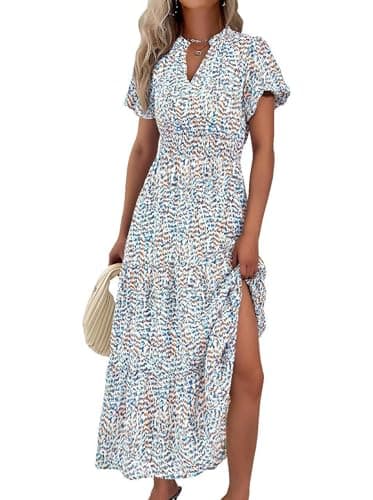 MASCOMODA Summer Maxi Dresses for Women 2025 Casual V Neck Puff Short Sleeve Smocked Flowy Beach Boho Long Floral Dress(Floral Blue White,Medium) - Image 1