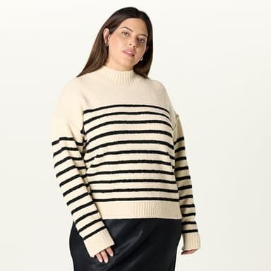 The Drop Women’s Carolina Drop Shoulder Mock Neck Pullover with Exposed Seams, Crème Brulee/Black, M - Image 5