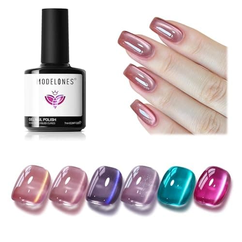 modelones Cat Eye Gel Nail Polish Set, 6 Colors Coloful Neon Galaxy Champagne Lake Blue Grape Purple Gold Brown Hot Pink 9D Glassy Cat Eye Glitter Gel Polish with Magnet LED Soak Off Manicure Gift - Image 1
