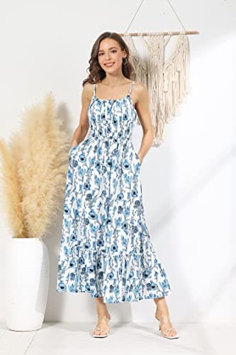 Women Sleeveless Spaghetti Strap Dress Square Neck A-line Ruffle Hem Maxi Dress Floral Sundress Blue Floral S - Image 8