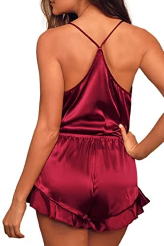 CHYRII Women's Sexy Silk Satin PJS Ruffle Cami Tops Shorts 2 PCS Pajamas Sets Nightwear Burgundy M - Image 2