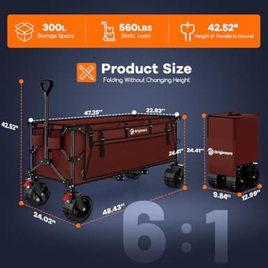 48" L Collapsible Wagon Cart Foldable, 560lbs Weight Capacity 300L Heavy Duty Folding Beach Wagons with Big All-Terrain Wheels, Utility Carts for Groceries, Shopping, Camping, Sports - Red - Image 2