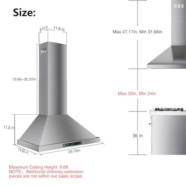 IKTCH 30-inch Wall Mount Range Hood 900 CFM Ducted/Ductless Convertible, Kitchen Chimney Vent Stainless Steel with Gesture Sensing & Touch Control Switch Panel, 2 Pcs Adjustable Lights(IKP02-30'') - Image 7