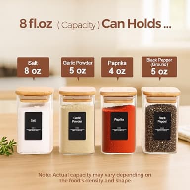 ComSaf 12Pcs Glass Spice Jars with Bamboo Lid, 8oz Airtight Square Containers with 275 Black Lables, Empty Seasoning Jars for Spice Salt Sugar - Image 4