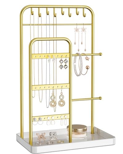 pickpiff Jewelry Holder Stand: Jewelry Display for Necklace, Bracelet, Earring, Ring, White & Gold - Image 1