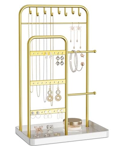 pickpiff Jewelry Holder Stand: Jewelry Display for Necklace, Bracelet, Earring, Ring, White & Gold - Image 1