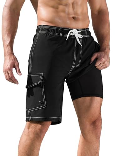 SILKWORLD Mens Swim Trunks with Compression Liner Quick Dry Bathing Suits 10 Inch Swim Shorts with Cargo Pockets, (Black), 38 - Image 1