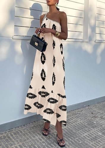 PRETTYGARDEN Women's Summer One Shoulder Maxi Dresses Printed Flowy Boho Beach Vacation Long Sundress (Beige Black Floral,X-Large) - Image 4