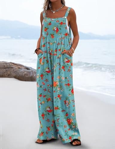 YESNO Women's Summer Casual Overalls Loose Wide Leg Jumpsuits Boho Floral Printed Baggy Rompers with Pockets L PZH CR14 - Image 3