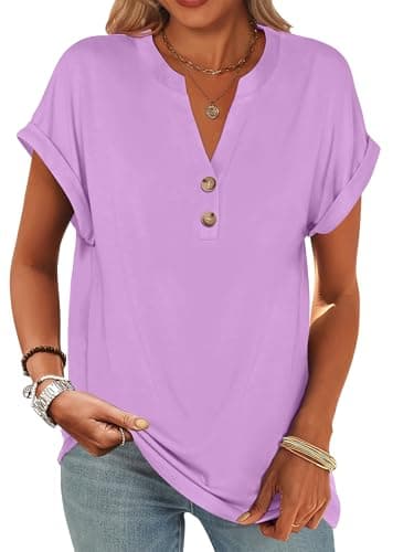 ANRABESS Womens Short Sleeve Henley Tops V Neck Dressy Casual Loose Fit Shirts Summer Flowy Blouses 2025 Trendy Clothes Light Purple Medium - Image 1