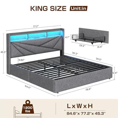 Driftalia King Size Bed Frame with 4 Storage Drawers, Upholstered King Bed Frame with Charging Station and LED Lights Headboard, No Box Spring Needed, Easy Assembly - Light Grey - Image 2