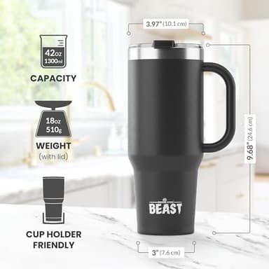 Beast 42 oz Tumbler Stainless Steel Vacuum Insulated Coffee Ice Cup Double Wall Travel Flask (Matt Black) - Image 3