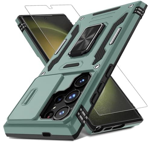 DEERLAMN Case for Samsung Galaxy S25 Ultra with Slide Camera Cover+Screen Protector (1 Pack), Rotated Ring Kickstand Military Grade Shockproof Protective Cover-Green - Image 1