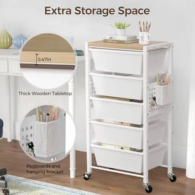 Rolling Cart with 5 Drawers, Plastic Drawer Storage Carts with Lockable Wheels & Wooden Tabletop, Metal Utility Cart with Pegboards, Office Living Room Classroom Craft Organization and Storage, White - Image 5